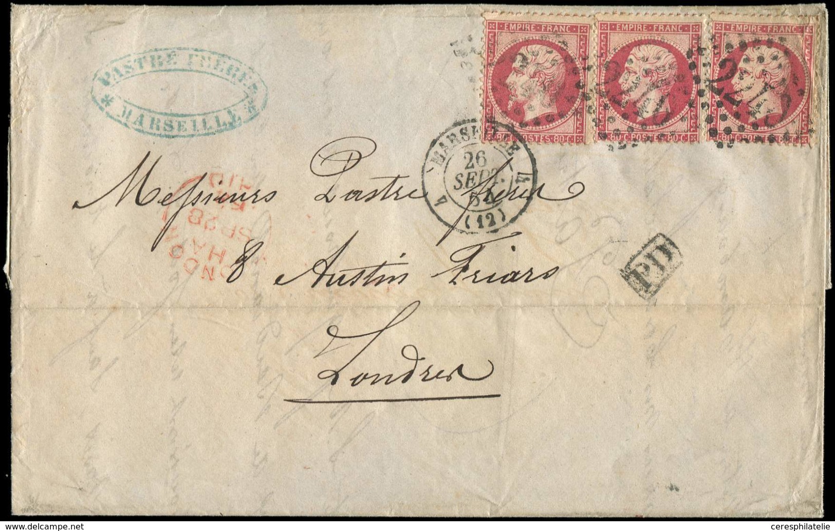Let EMPIRE DENTELE - 24   80c. Rose (3), Obl. GC 2240 S. LAC, Càd Marseille 26/9/54, Arr. LONDON 28/9, TB - 1862 Napoléon III