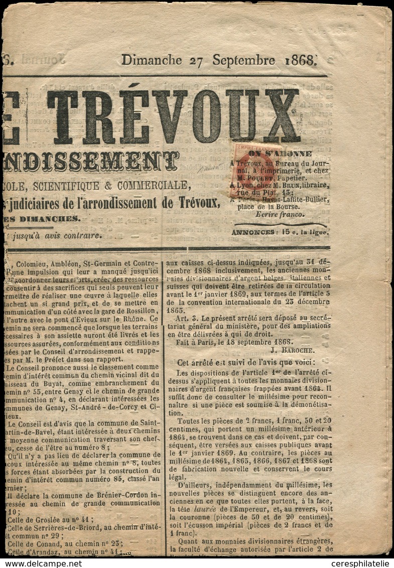Let EMPIRE LAURE - 26A   2c. Brun-rouge, T I, Obl. TYPO Sur JOURNAL DE TREVOUX Du 27/9/68, TB - 1863-1870 Napoleon III Gelauwerd