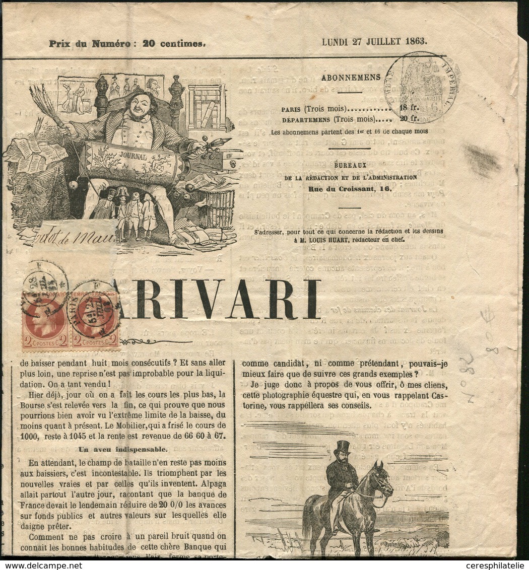 Let EMPIRE LAURE - 26A   2c. Brun-rouge, T I, PAIRE Obl. Càd PARIS 28/7/63 Sur Fragt De Bande Et Journal LE CHARIVARI Du - 1863-1870 Napoléon III. Laure