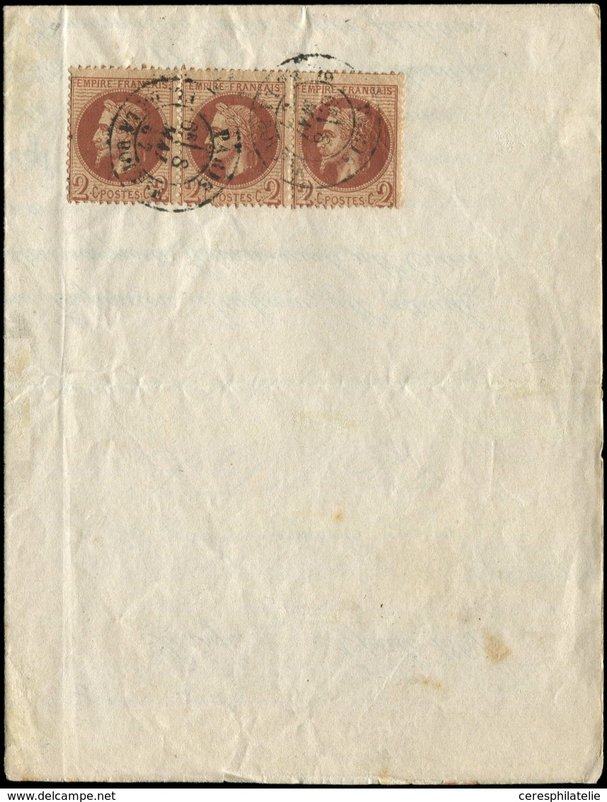 Let EMPIRE LAURE - 26A   2c. Brun-rouge, T I, BANDE De 3 Obl. Pl. De La Bourse 8/5/67 Sur Imprimé Sans Bande Pour L'Ital - 1863-1870 Napoléon III. Laure