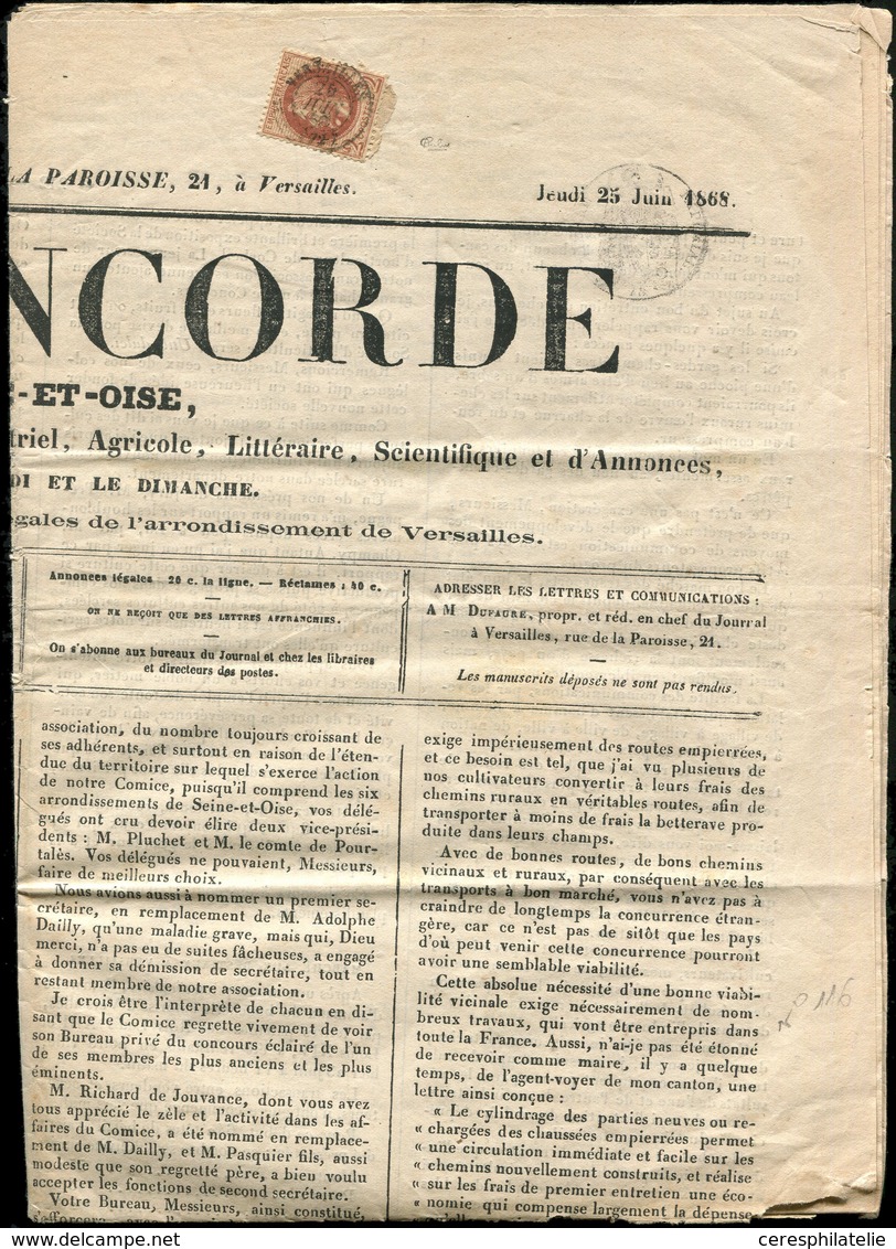 Let EMPIRE LAURE - 26Ab  2c. Brun-rouge, T I, BOULE BLANCHE SOUS LE COU, Obl. VERSAILLES 25/6/68 Sur Journal LA CONCORDE - 1863-1870 Napoleone III Con Gli Allori