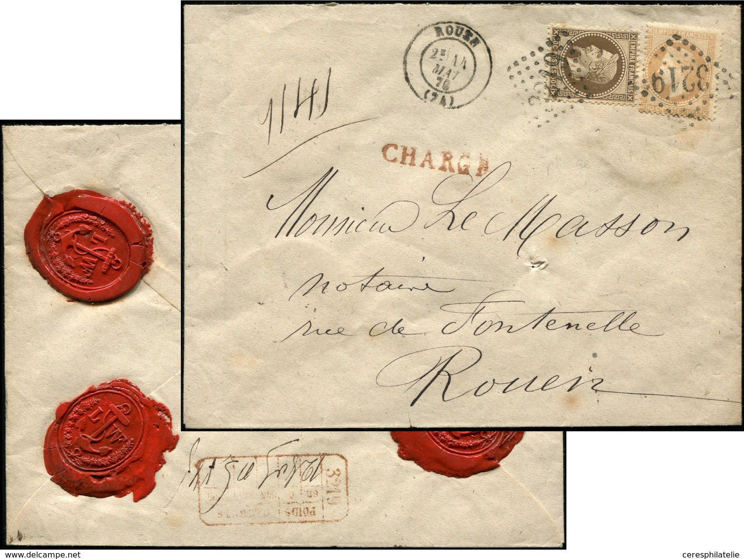 Let EMPIRE LAURE - 28B Et 30 Obl. GC 3219 S. Env. CHARGE, Càd ROUEN 14/5/76, TB - 1863-1870 Napoleon III With Laurels