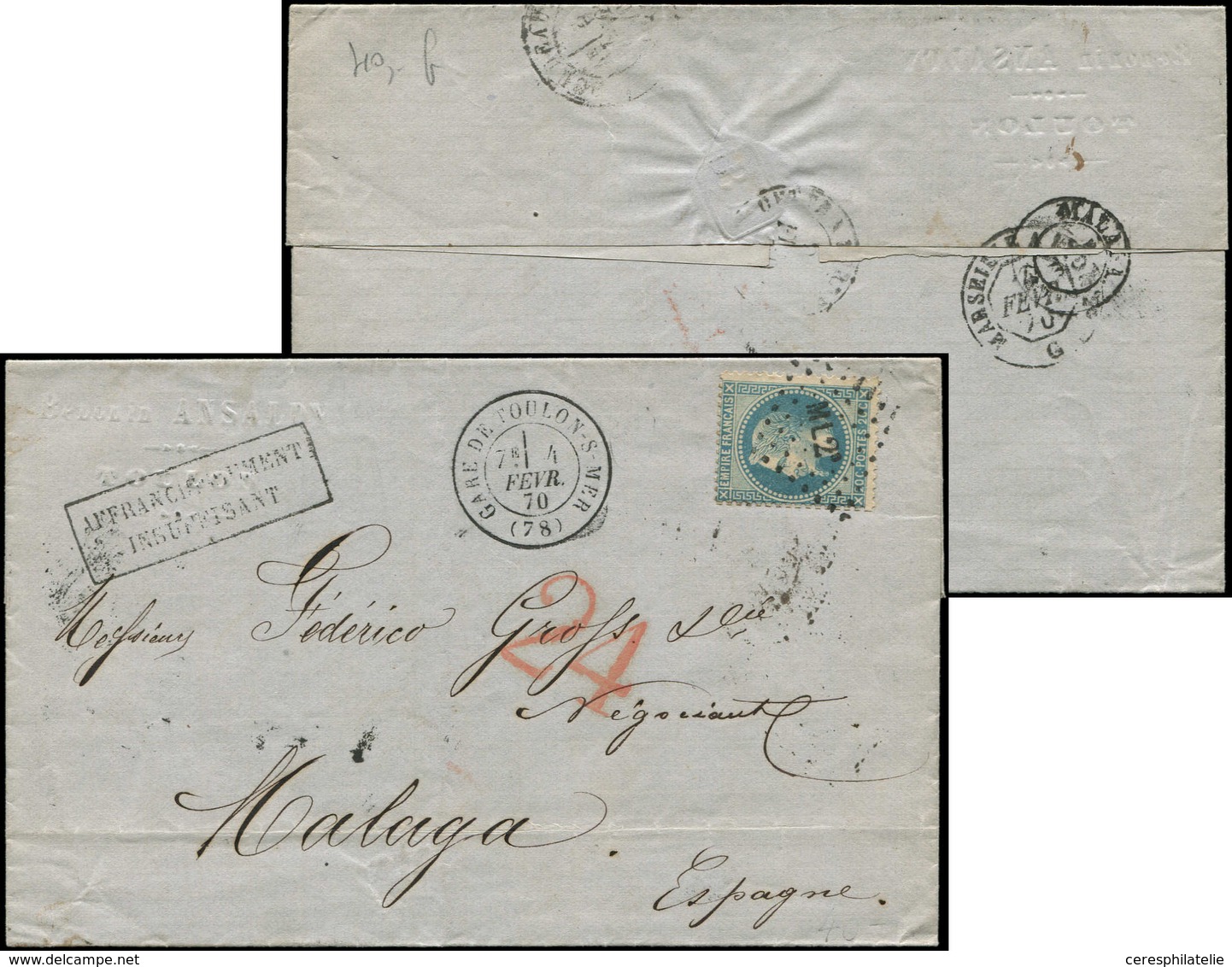 Let EMPIRE LAURE - 29A  20c. Bleu, T I, Obl. Ambulant ML2° Sur LAC, Càd T17 GARE DE TOULON-S-MER 4/2/70, Taxe Espagnole  - 1863-1870 Napoleon III With Laurels