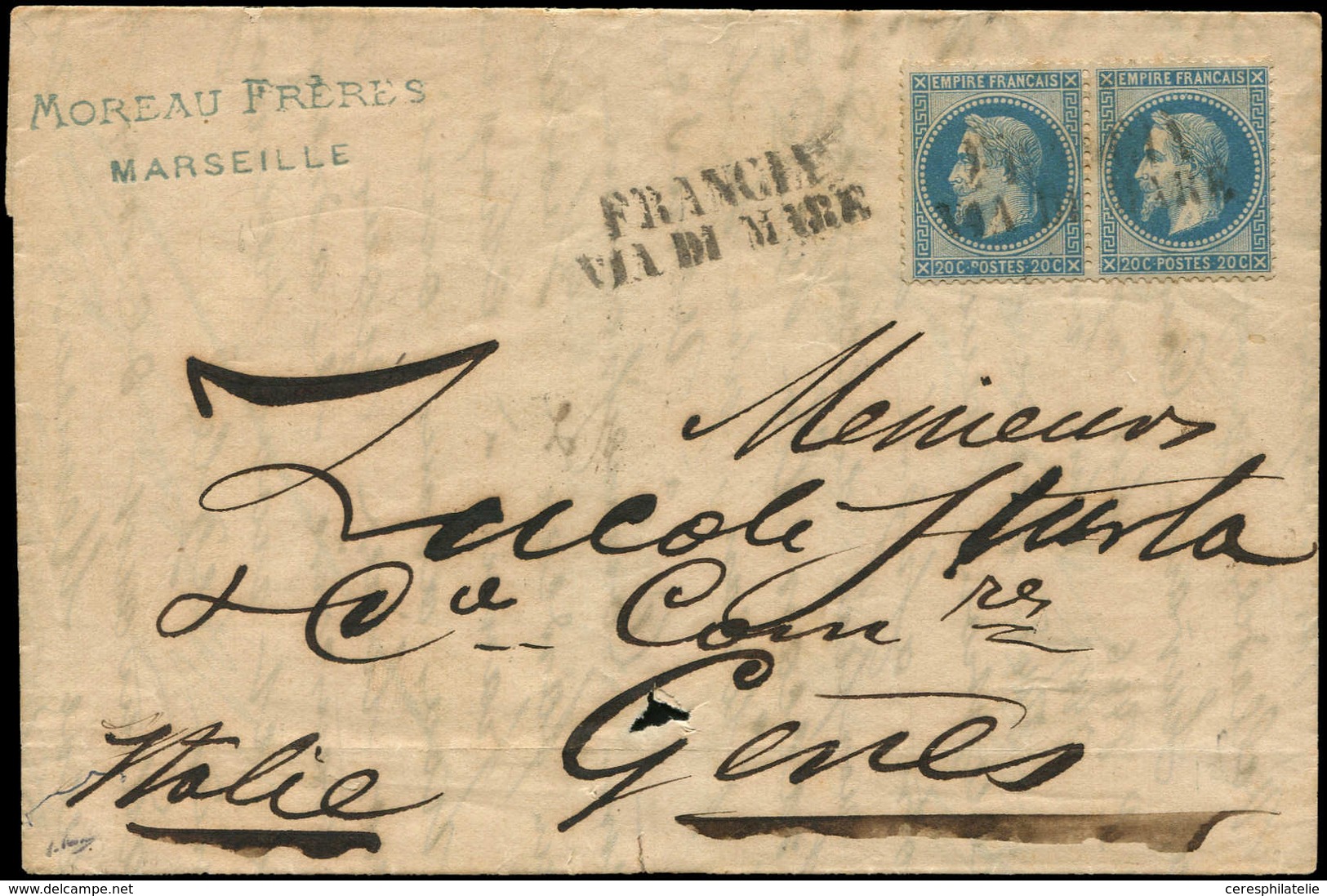 Let EMPIRE LAURE - 29A  20c. Bleu, T I, PAIRE Obl. FRANCIA/VIA DI MARE S. LAC De MARSEILLE Du 29/2/68, Arr. GENES Le 2/3 - 1863-1870 Napoléon III. Laure