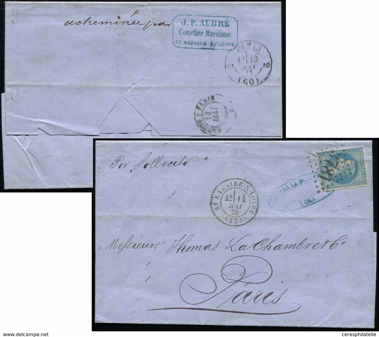 Let EMPIRE LAURE - 29B  20c. Bleu, T II, Obl. GC 3781 S. LAC De LIMA Du 16/12/69 Acheminée Par J.P Aubré Courtier Mariti - 1863-1870 Napoleon III With Laurels