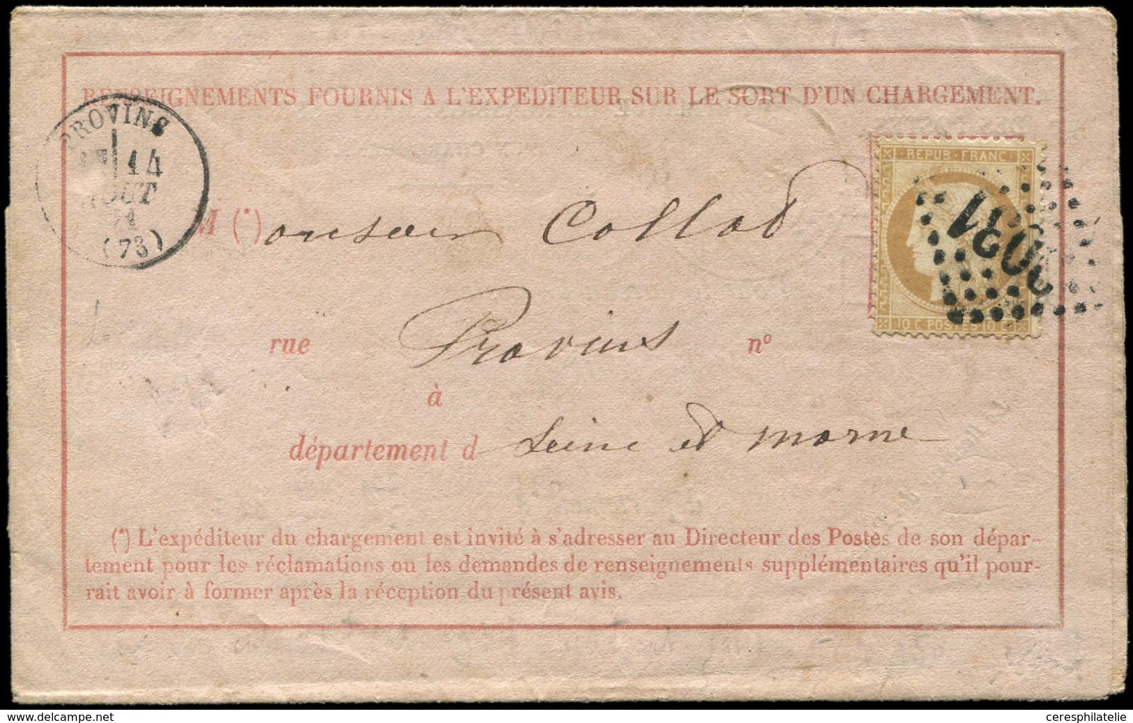 Let SIEGE DE PARIS - 36   10c. Bistre-jaune, Obl. GC 3031 S. Sort De Chargement, Càd T16 PROVINS 14/8/71? TB - 1870 Siege Of Paris