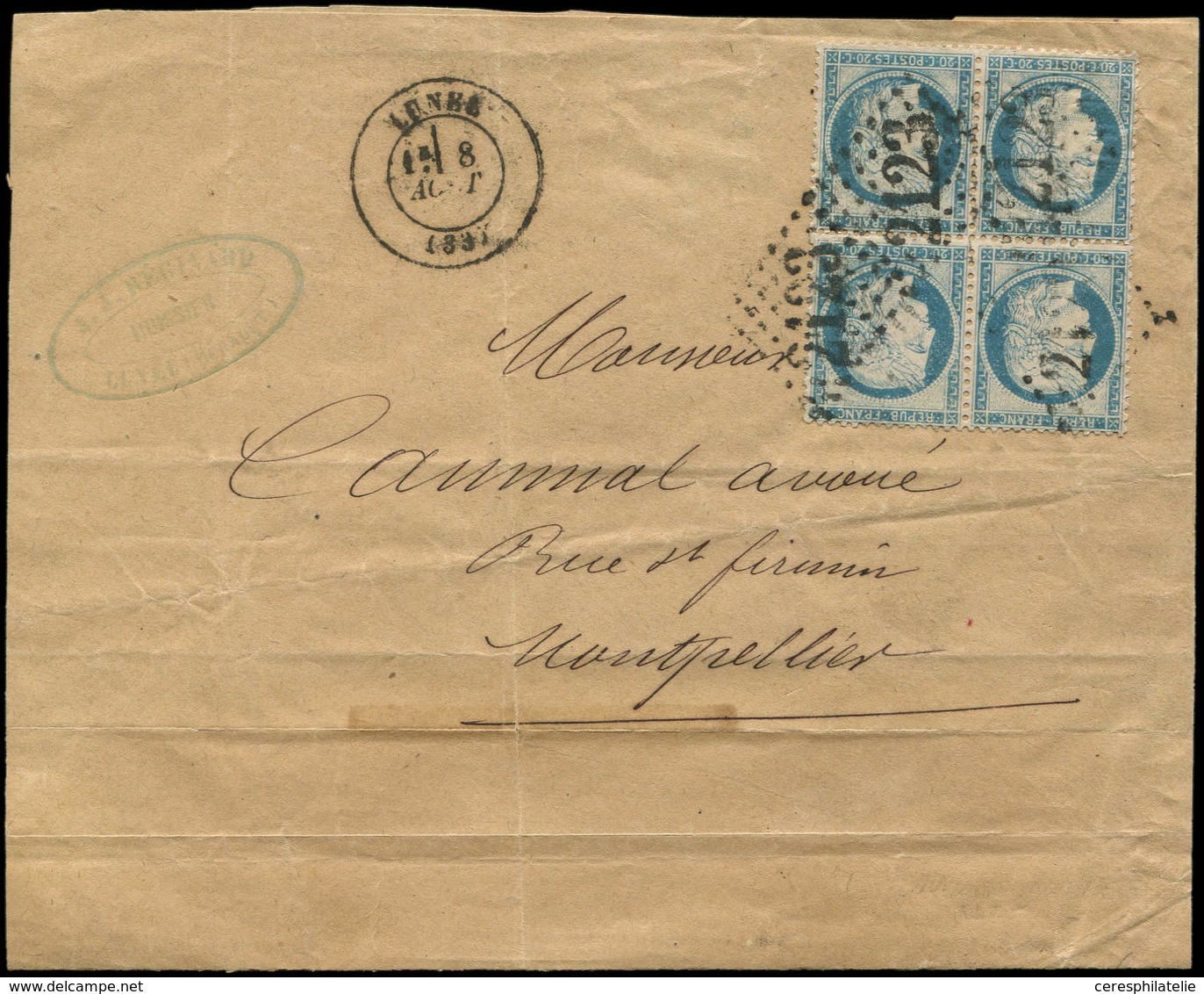 Let SIEGE DE PARIS - 37   20c. Bleu, BLOC De 4 Obl. GC 2123 S. Env., Càd T17 LUNEL 8/8/74, TB - 1870 Belagerung Von Paris