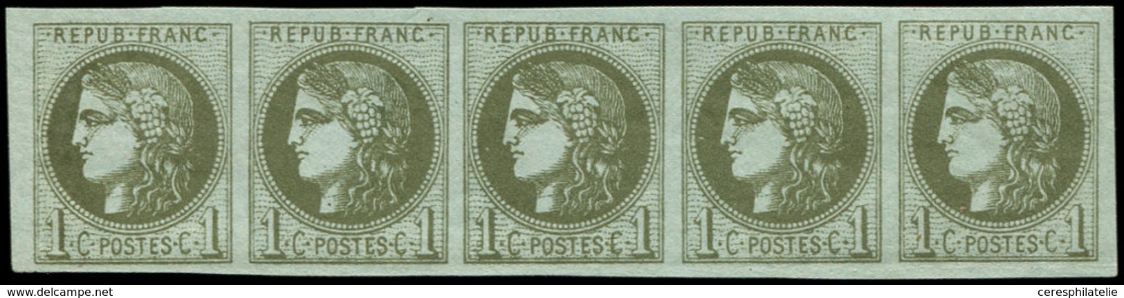 ** EMISSION DE BORDEAUX - 39B   1c. Olive, R II, BANDE De 5, Belles Marges, TTB - 1870 Ausgabe Bordeaux