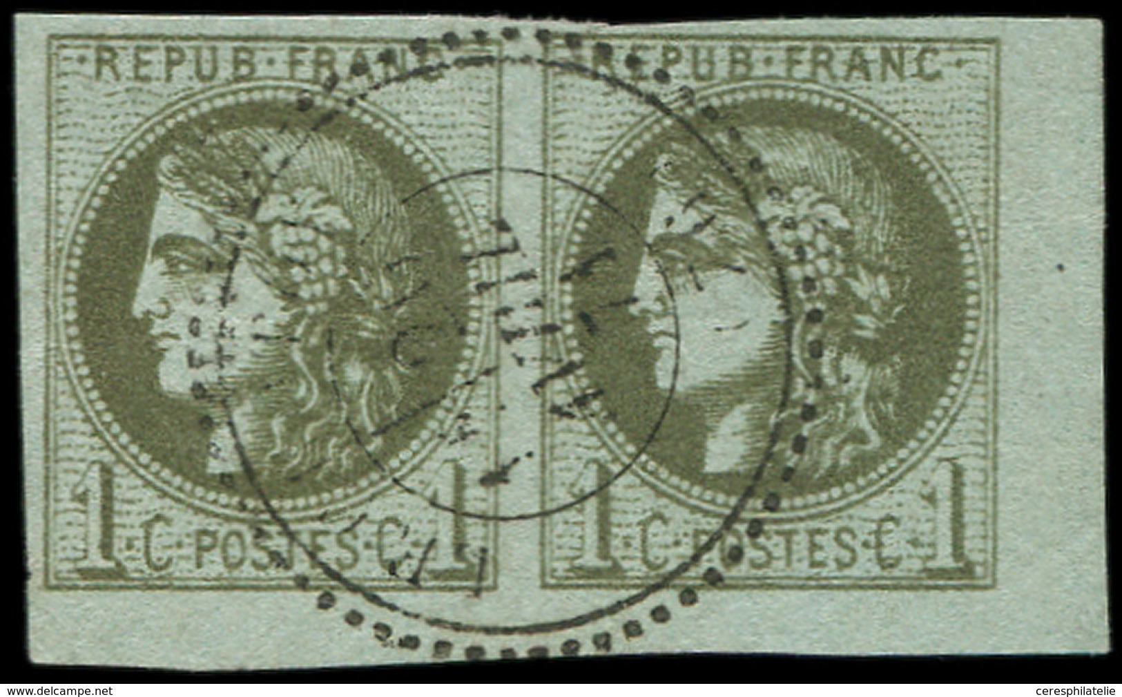 EMISSION DE BORDEAUX - 39A   1c. Olive, R I, PAIRE Obl. Càd T24 BERNAUILLE, Cdf, Superbe - 1870 Ausgabe Bordeaux