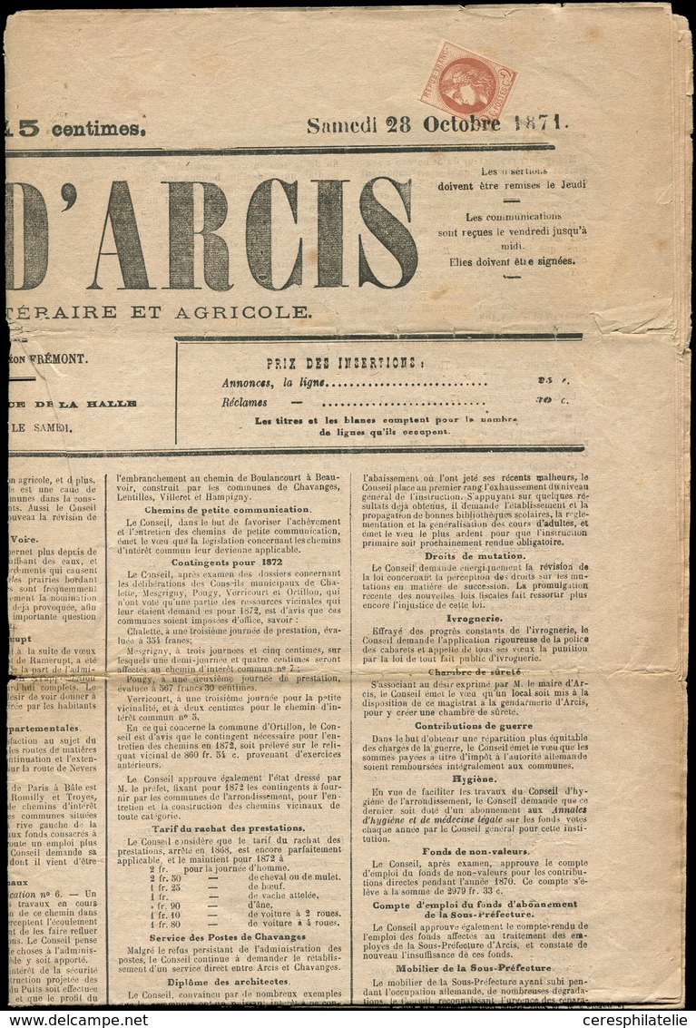 Let EMISSION DE BORDEAUX - 40B   2c. Brun-rouge, R II, Filet Coupé, Obl. TYPO Sur Journal Entier "L'ECHO D'ARCIS" Du 28/ - 1870 Ausgabe Bordeaux