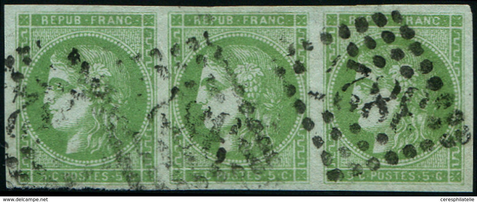 EMISSION DE BORDEAUX - 42B   5c. Vert-jaune, R II, BANDE De 3 Obl. GC 3827, TB - 1870 Uitgave Van Bordeaux