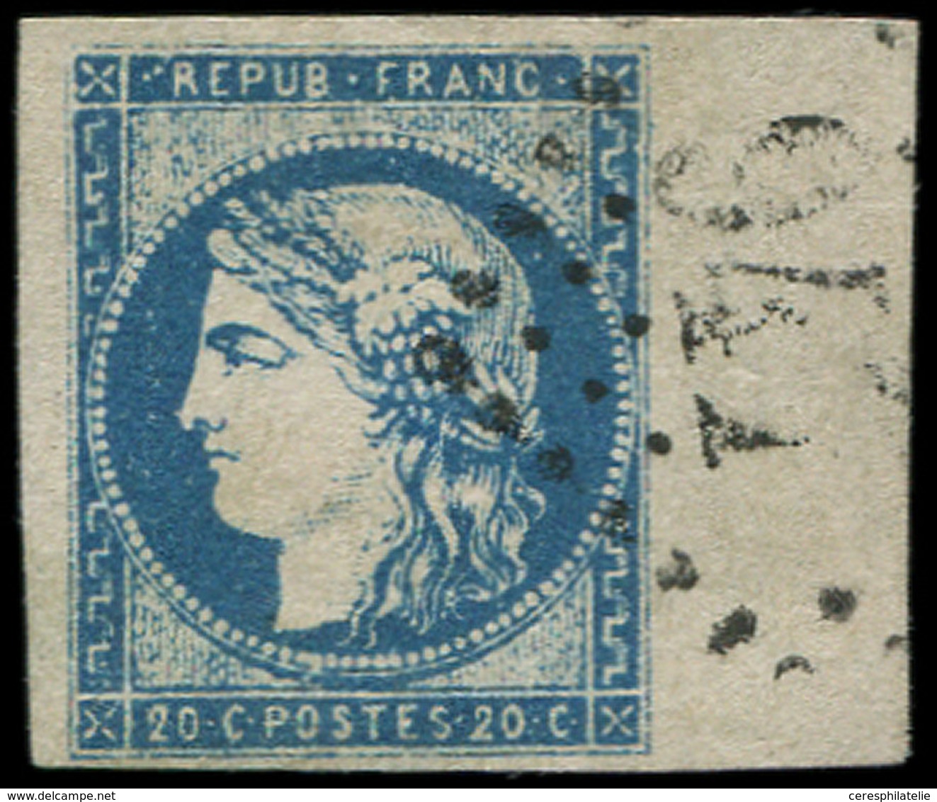 EMISSION DE BORDEAUX - 44Aa 20c. Bleu Foncé, T I, R I, Obl. GC, BORD De FEUILLE, Superbe - 1870 Bordeaux Printing