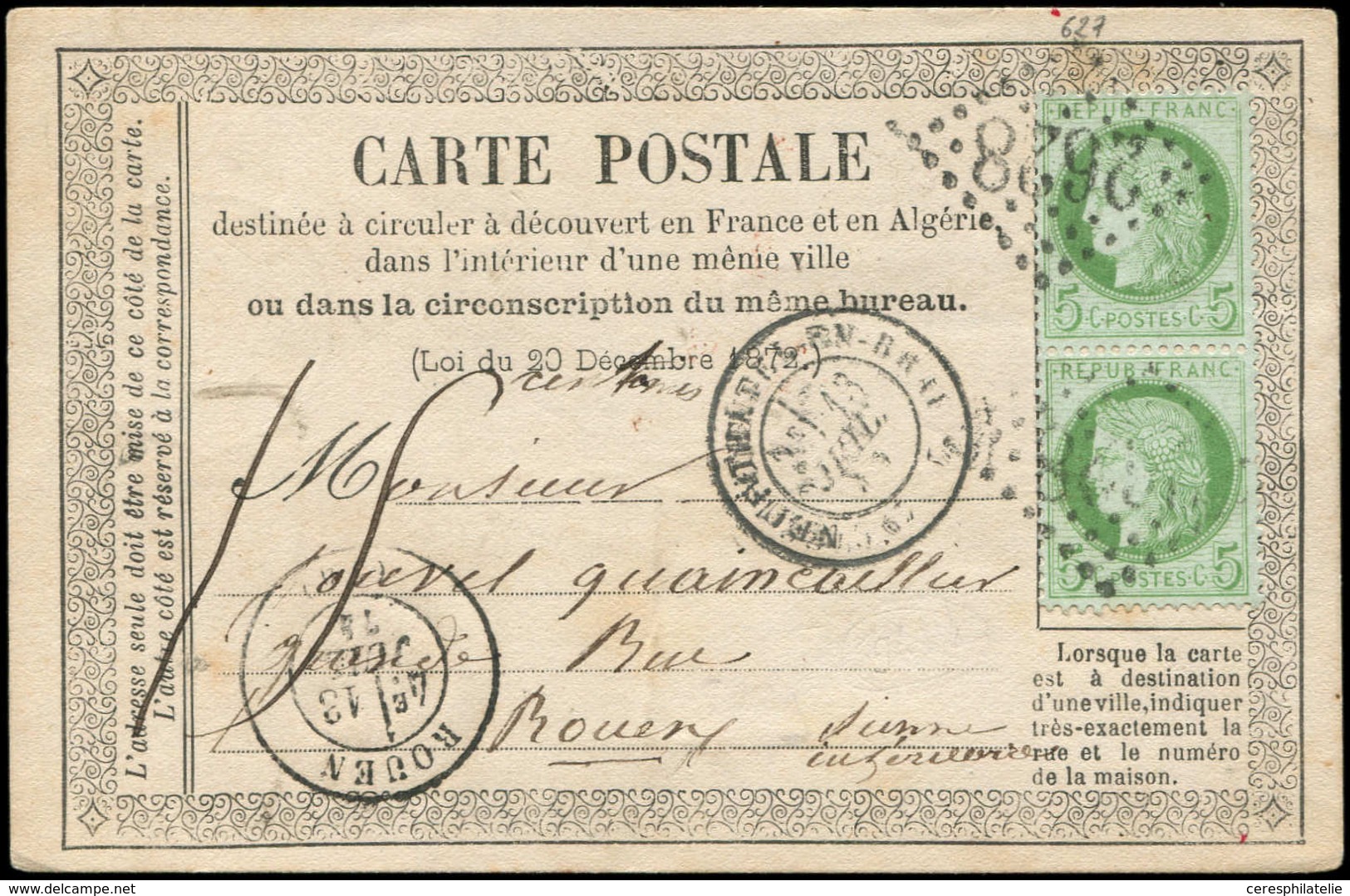 Let CERES DENTELE - 53    5c. Vert-jaune Sur Azuré, PAIRE Obl. GC 2628 S. CP, Càd T17 NEUFCHATEL-EN-BRAY 13/7/74 Et Taxe - 1871-1875 Ceres