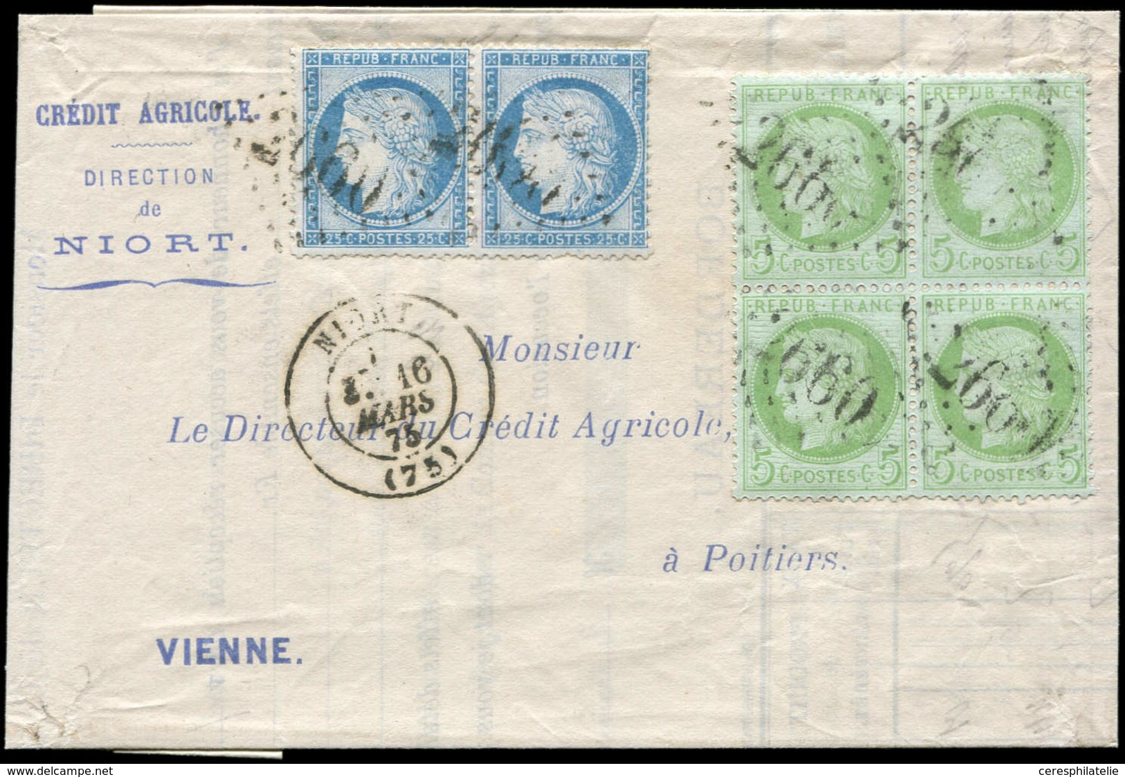 Let CERES DENTELE - 53 Et 60C, 5c. Vert-jaune Sur Azuré, BLOC De 4 Et 25c. Bleu T III PAIRE, Obl. GC 2660 Sur LAC, Càd T - 1871-1875 Ceres