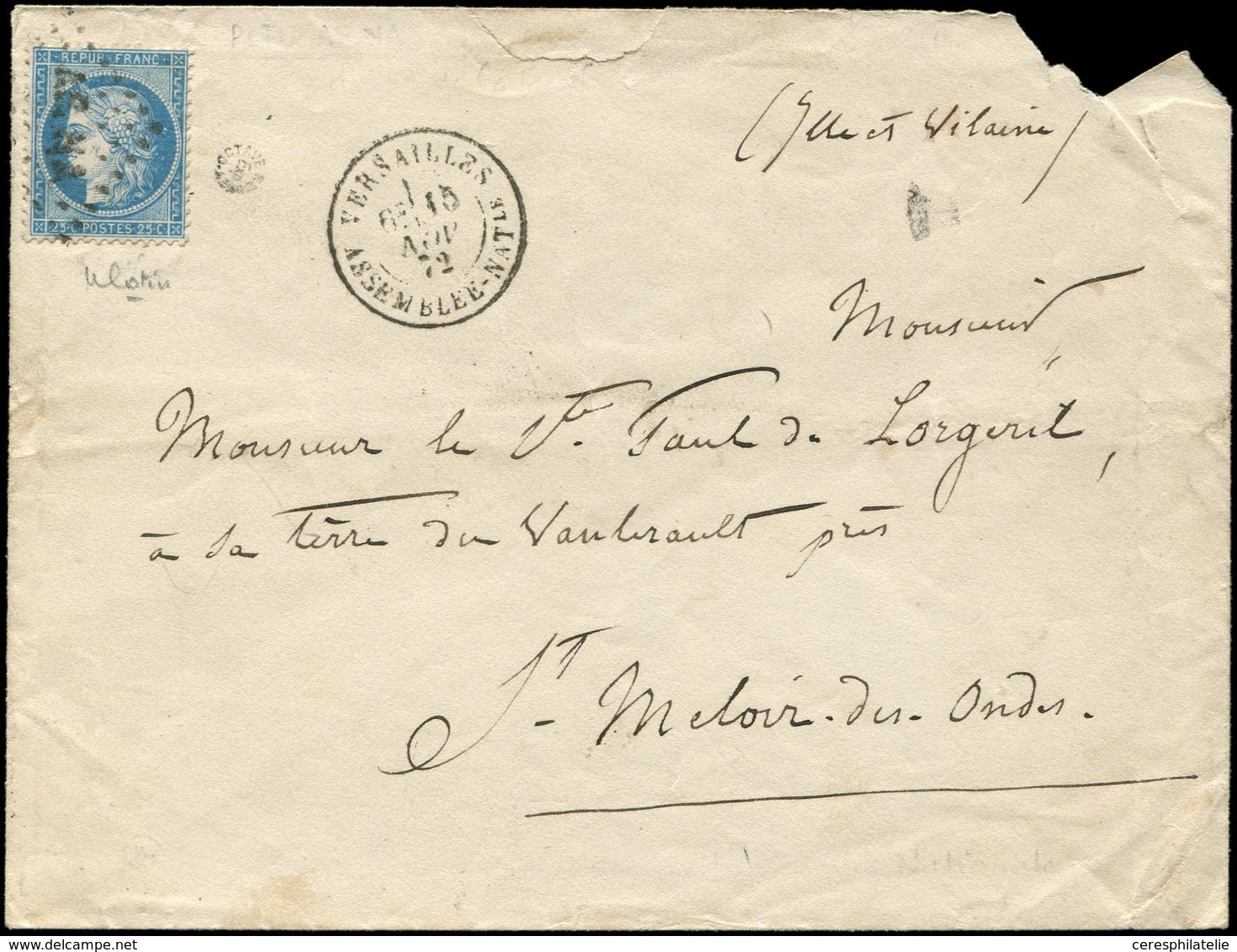 Let CERES DENTELE - 60A  25c. Bleu, T I, Obl. AS.NA Sur Env., Càd VERSAILLES/ASSEMBLEE NATle 15/11/72, TB - 1871-1875 Ceres