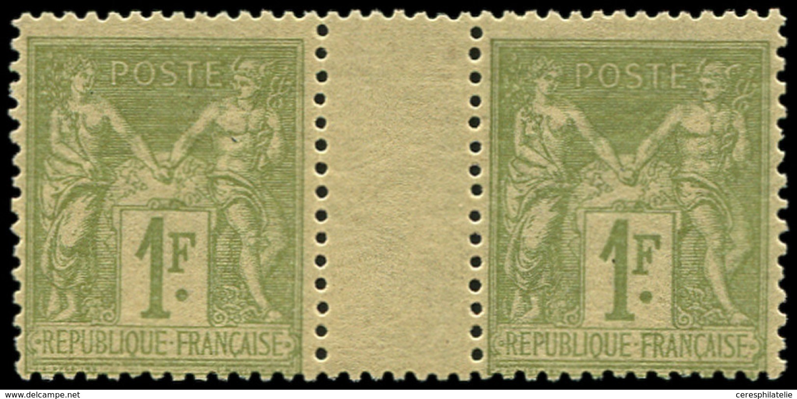 ** TYPE SAGE - 82    1f. Olive Clair, PAIRE Interpanneau, TB - 1876-1878 Sage (Type I)