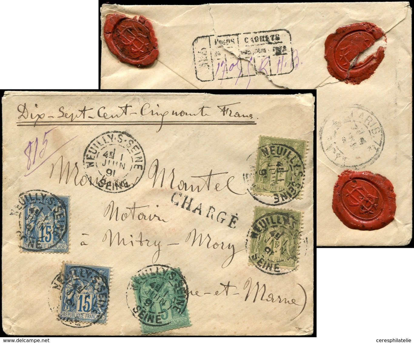 Let TYPE SAGE SUR LETTRES - N°75, 82 (2) Et 90 (2) Obl. NEUILLY-S-SEINE 1/6/91 S. Env. CHARGE, TB - 1877-1920: Semi Modern Period