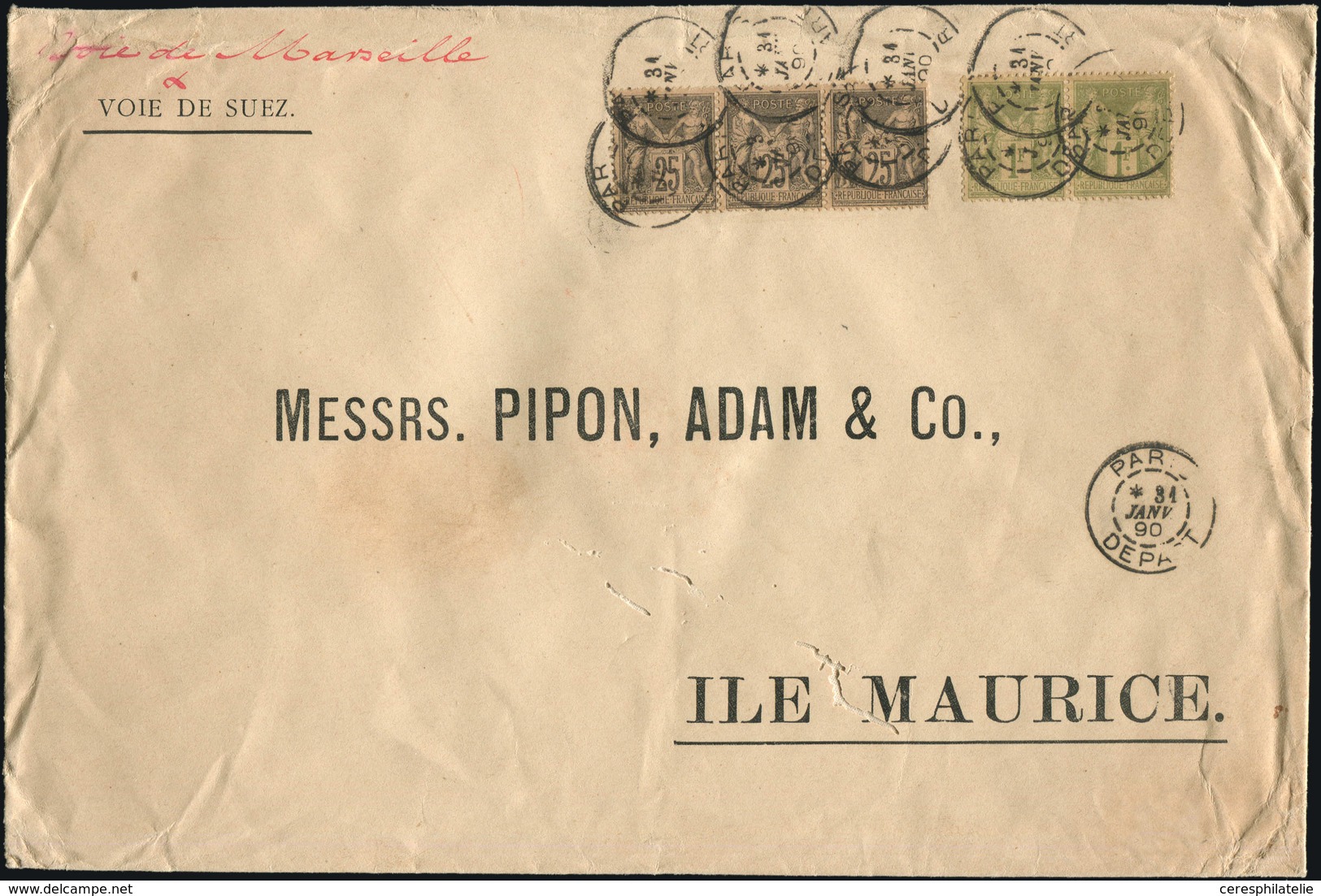 Let TYPE SAGE SUR LETTRES - N°82 PAIRE Et N°97 BANDE De 3 Obl. PARIS/DEPART 11/1/90 S. Env., Arr. MAURITIUS, TB - 1877-1920: Semi-moderne Periode