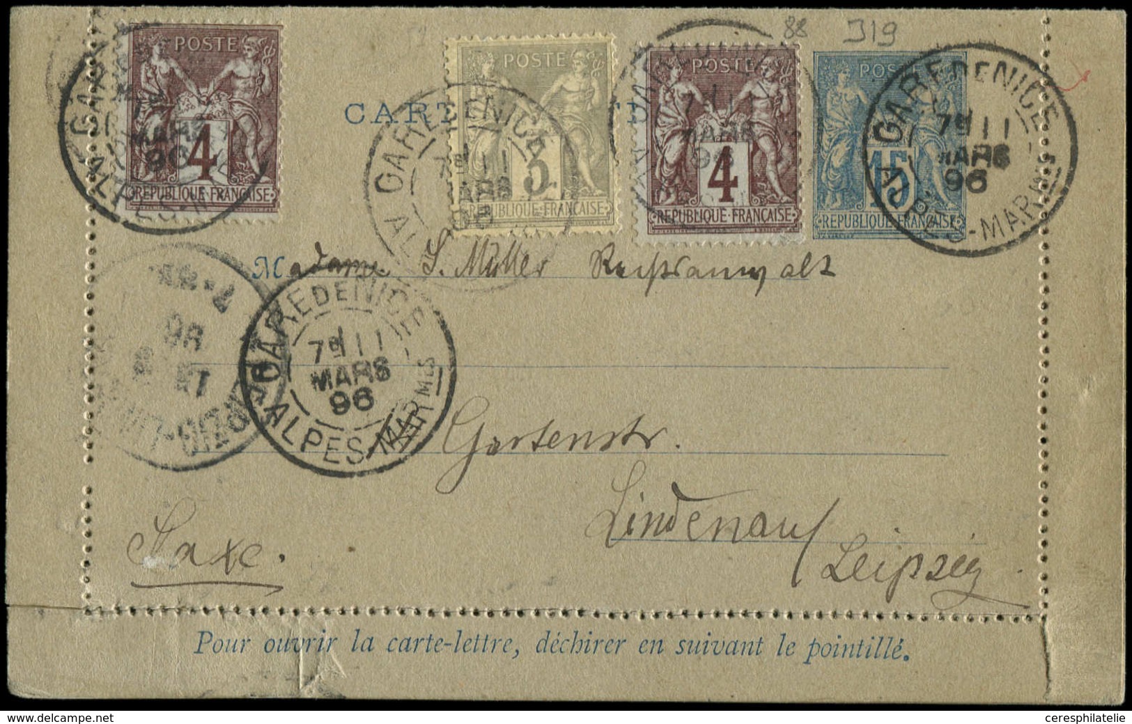 Let TYPE SAGE SUR LETTRES - N°87 Et 88 (2) Sur CL 15c. Bleu Obl. GARE DE NICE 11/3/96, Arr. En ALLEMAGNE, TB - 1877-1920: Semi Modern Period