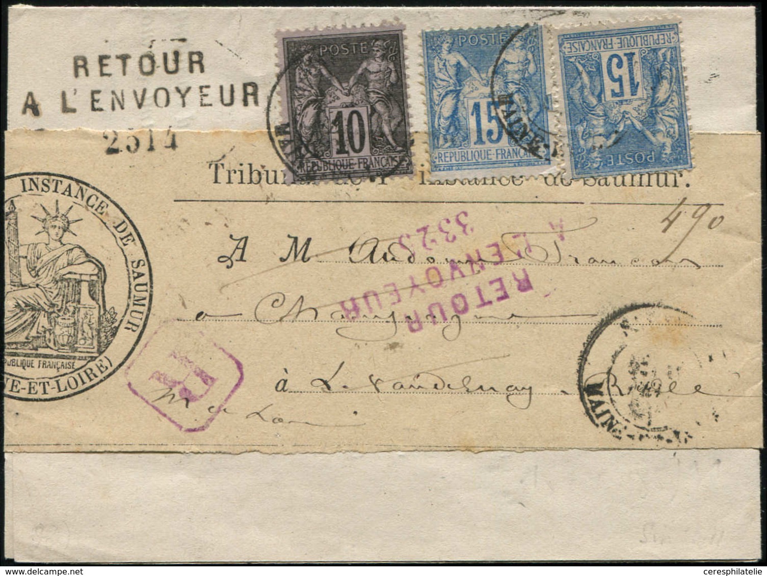 Let TYPE SAGE SUR LETTRES - N°89 Et  90 (2), Obl. SAUMUR 14/2/94 S. Bande Rec. Avec Imprimé, 2 Cachets De Retour 2514 Et - 1877-1920: Semi Modern Period