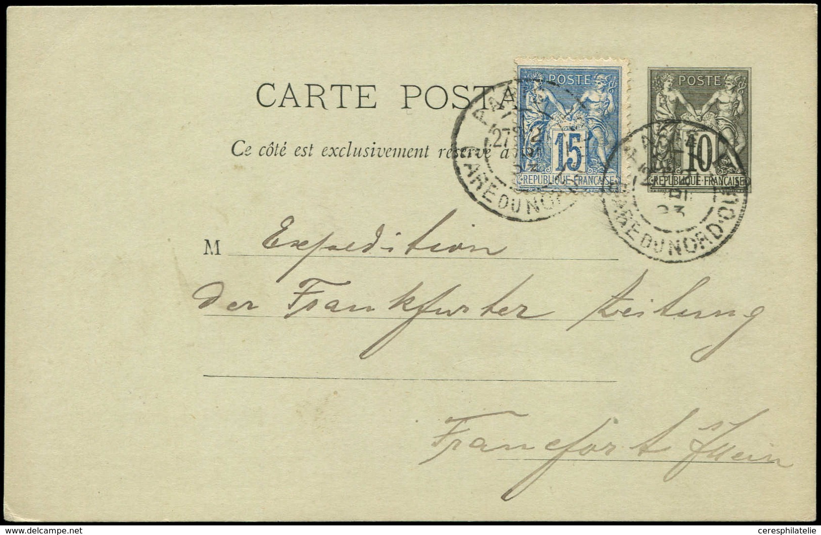 Let TYPE SAGE SUR LETTRES - N°90 Sur CP Entier 10c. Obl. GARE DU NORD-OUEST 21/4/83 Sur CP Pour L'ALLEMAGNE, Tarif Des L - 1877-1920: Semi Modern Period