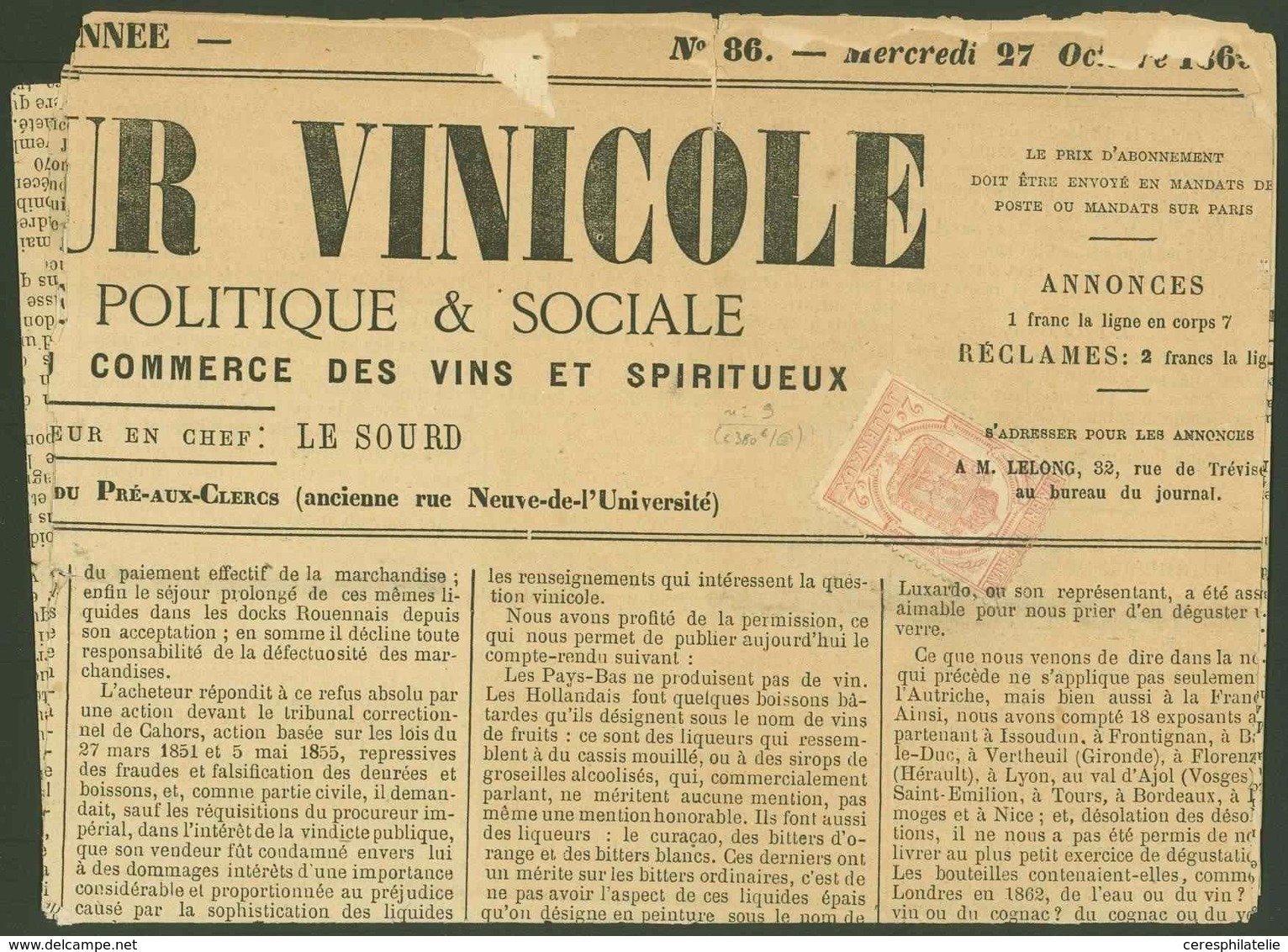 Let JOURNAUX -  9 : 2c. Rose, Obl. TYPO Sur LE MONITEUR VINICOLE Du 27/10/69, TB - Newspapers