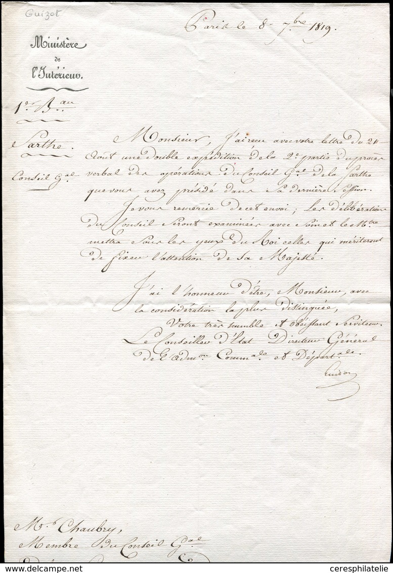 Let LETTRES SANS TIMBRE ET DOCUMENTS DIVERS - Document Du Ministère De L'Intérieur De 1819 Signé François Guizot (1784-1 - Autres & Non Classés