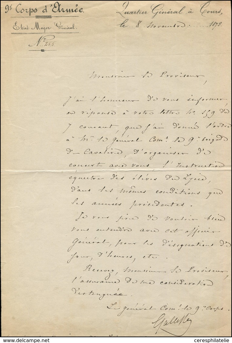 Let LETTRES SANS TIMBRE ET DOCUMENTS DIVERS - Lettre Signée Du Général Gallifet (1830-1909) QG De Tours 1879, TB - Autres & Non Classés