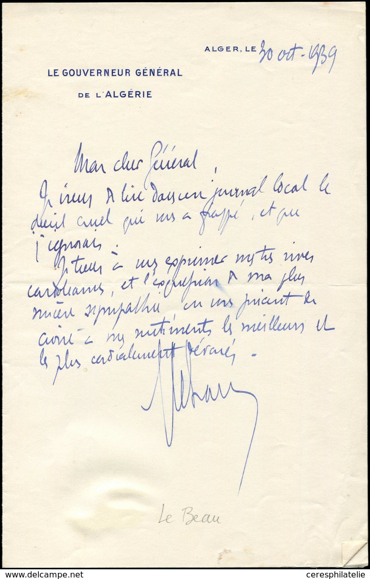 Let LETTRES SANS TIMBRE ET DOCUMENTS DIVERS - Lettre Autographe De Le Beau à Entête Du Gouverneur Général De L'Algérie,  - Autres & Non Classés