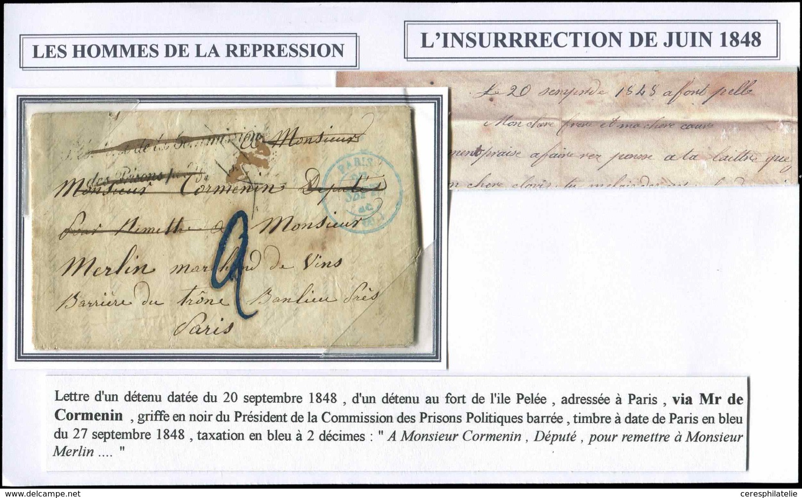 Let LETTRES SANS TIMBRE ET DOCUMENTS DIVERS - Càd Bleu T15 PARIS 20/9/48 S. LAC D'un Détenu Au Fort De L'Ile Pelée Adres - Other & Unclassified