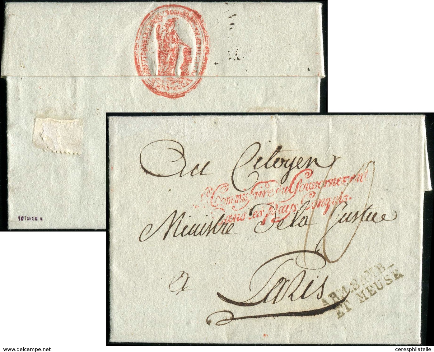 Let MARQUES POSTALES D'ARMEES - MP ARM.SAMB./ET MEUSE Sur LAC De Mayence 1798, MP De Franchise Rouge "Le Commissaire Au  - Bolli Militari (ante 1900)