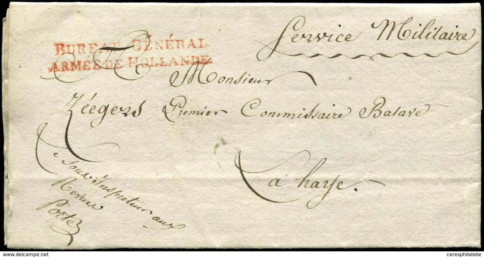 Let MARQUES POSTALES D'ARMEES - MP Rouge BUREAU GENERAL/ARMEE DE HOLLANDE S. LAC De L'An 14, TB - Army Postmarks (before 1900)