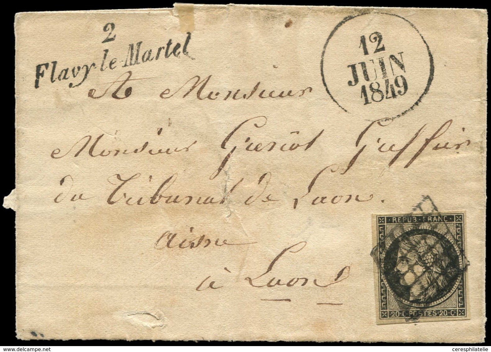 Let OBLITERATIONS PAR DEPARTEMENTS - 2/AISNE N°3 Petit Pli D'archive, Obl. GRILLE S. LSC, Dateur A 18/6/49 Et Cursive 2/ - 1849-1876: Classic Period