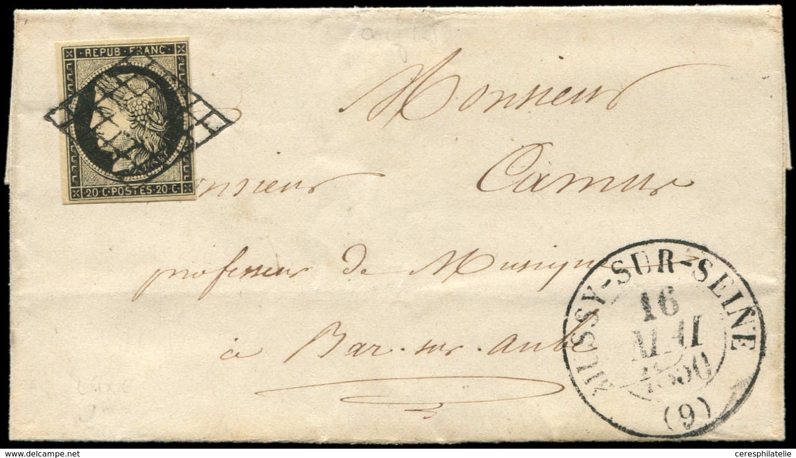 Let OBLITERATIONS PAR DEPARTEMENTS - 9/AUBE N°3 Obl. GRILLE S. LSC, Càd T13 MUSSY-SUR-SEINE 16/5/50, TTB/Superbe - 1849-1876: Période Classique