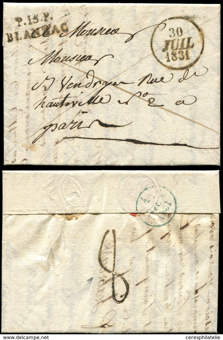 Let OBLITERATIONS PAR DEPARTEMENTS - 15/CHARENTE MP P.15.P./BLANZAC S. LAC, Dateur A 30/7/31, Au Verso Taxe 8 Au Tampon, - 1849-1876: Classic Period