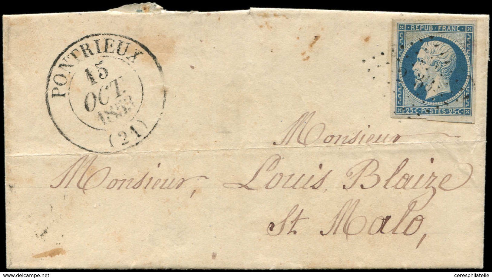 Let OBLITERATIONS PAR DEPARTEMENTS - 21/COTES DU NORD N°10 Obl. PC 2539 S. LAC, Càd T13 PONTRIEUX 15/10/53, TB - 1849-1876: Classic Period