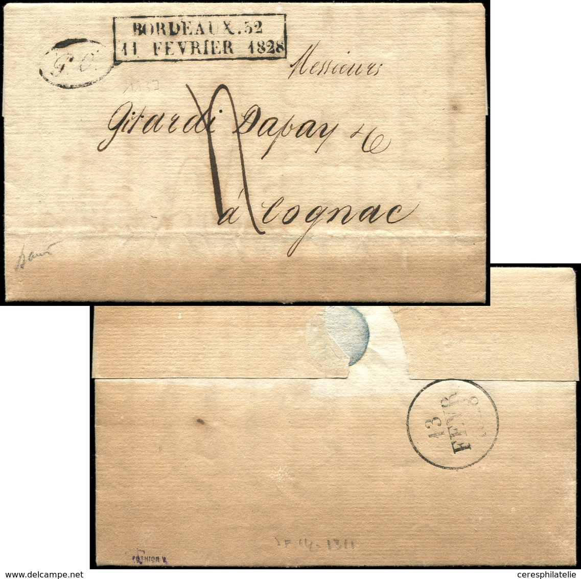 Let OBLITERATIONS PAR DEPARTEMENTS - 32/GIRONDE MP D'Essai BORDEAUX 32/11 FEVRIER 1828 S. LAC, TB - 1849-1876: Classic Period