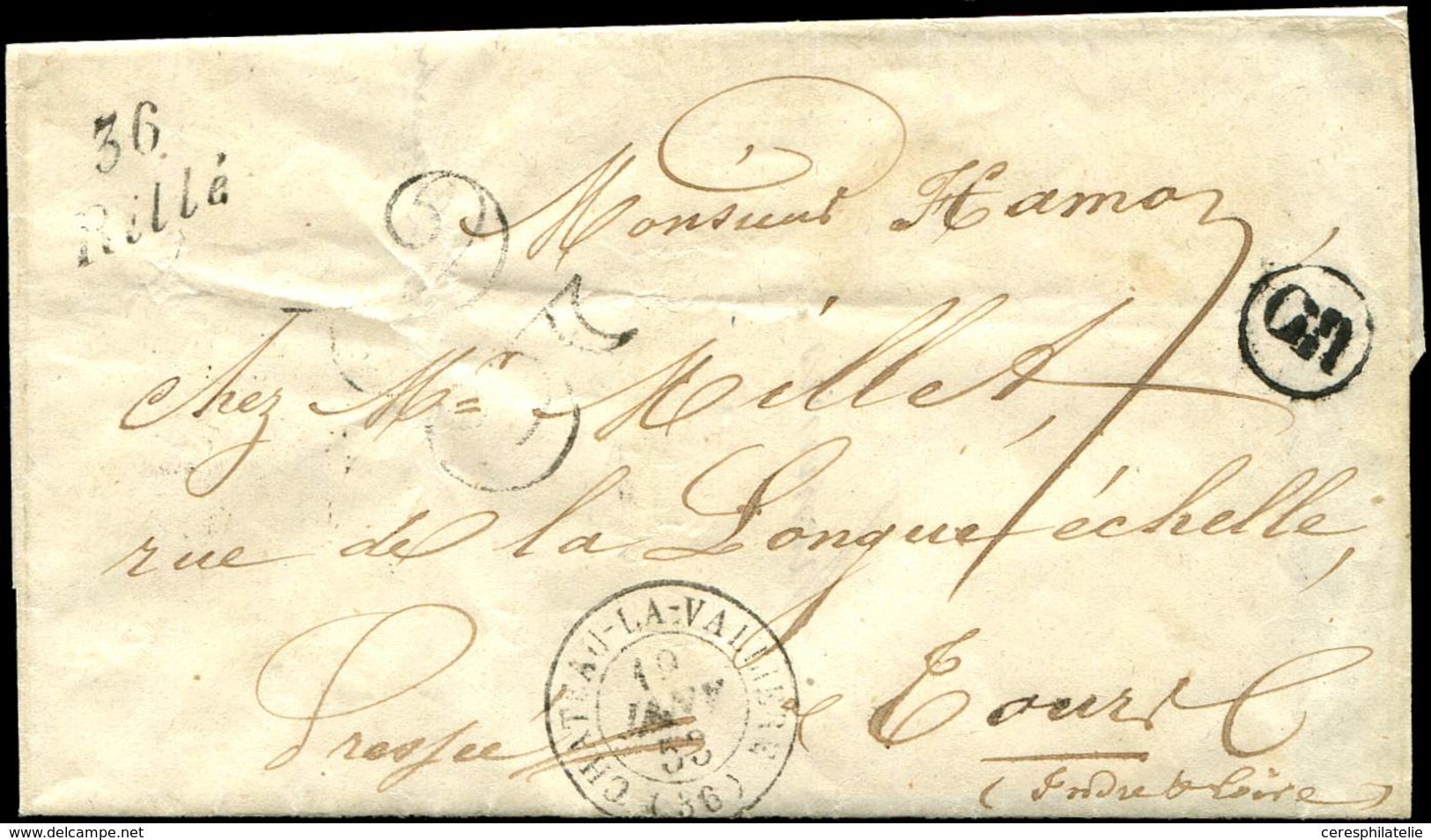 Let OBLITERATIONS PAR DEPARTEMENTS - 36/INDRE & LOIRE Cursive 36/RILLE S. LSC, Càd T15 CHATEAU LA VALLIERE 19/1/53, Taxe - 1849-1876: Classic Period