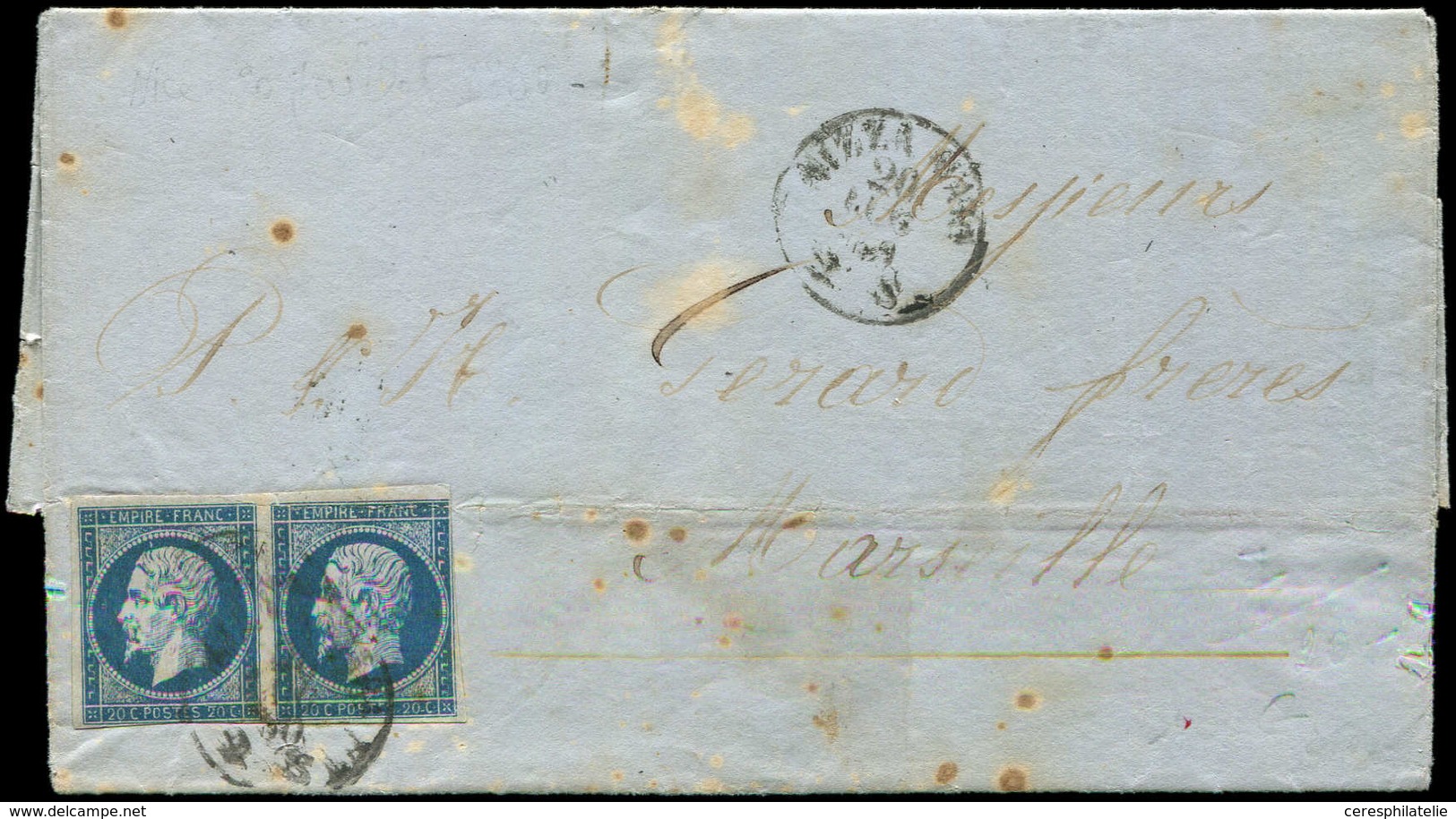 Let COMTE DE NICE - Oblitérations Sur Timbres Français N°14A PAIRE Défse, Obl. Càd Sarde NIZZA MARa 20/(7/60) Sur LAC Po - 1849-1876: Classic Period