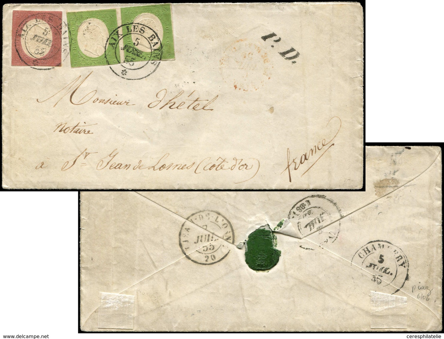 Let DUCHE DE SAVOIE - Oblitérations Sur Timbres Sardes N°7 PAIRE + N°9 Obl. Càd Sarde AIX Les BAINS 5/7/57 Sur Env. Avec - 1849-1876: Classic Period