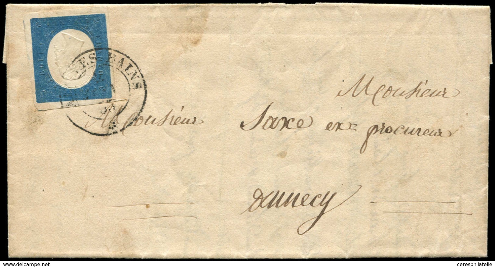 Let DUCHE DE SAVOIE - Oblitérations Sur Timbres Sardes N°8 Obl. Càd Sarde AIX-LES-BAINS 2/6/55 Sur LAC De Chindrieux, TT - 1849-1876: Classic Period