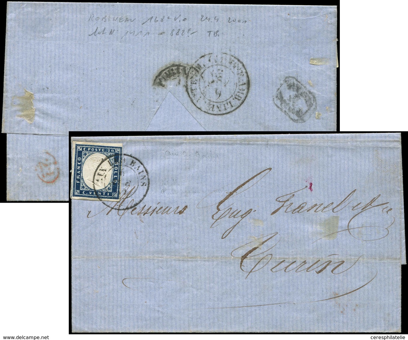 Let DUCHE DE SAVOIE - Oblitérations Sur Timbres Sardes N°12 Obl. Càd Sarde AIX LES BAINS 6/4/59 Sur LSC Pour TURIN, Au V - 1849-1876: Periodo Classico