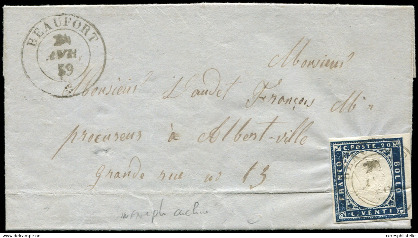 Let DUCHE DE SAVOIE - Oblitérations Sur Timbres Sardes N°12 Pli D'archive, Obl. Càd Sarde BEAUFORT 24/4/59 S. LAC, TB - 1849-1876: Classic Period