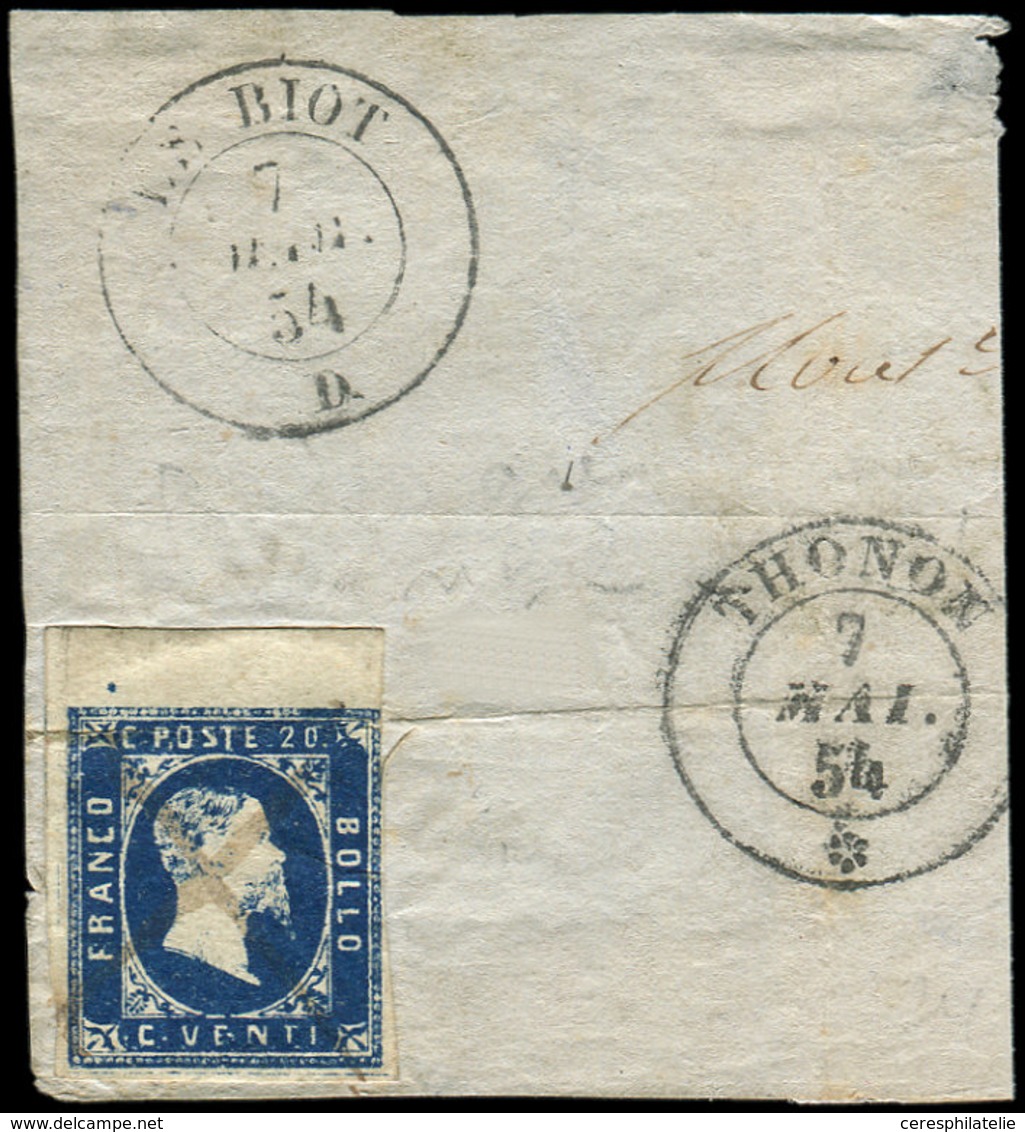 DUCHE DE SAVOIE - Oblitérations Sur Timbres Sardes N°2 20c. Bdf, Obl. Croix à La Plume S. Fragt, Càd Sarde LE BIOT 7/5/5 - 1849-1876: Classic Period