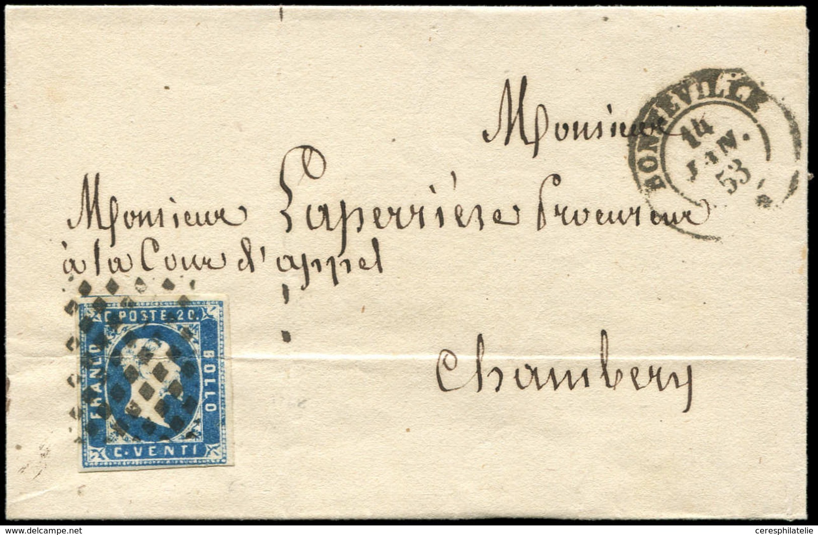 Let DUCHE DE SAVOIE - Oblitérations Sur Timbres Sardes N°2 Obl. GRILLE Sarde S. LSC, Càd Sarde BONNEVILLE 14/1/53, TB/TT - 1849-1876: Classic Period