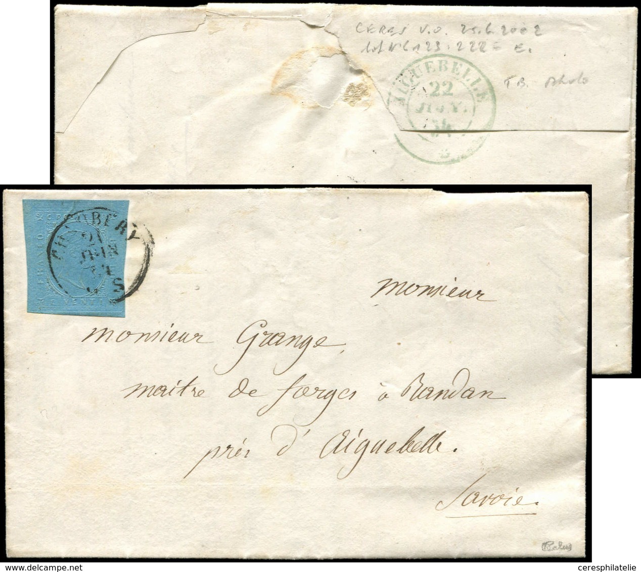 Let DUCHE DE SAVOIE - Oblitérations Sur Timbres Sardes N°5 Obl. Càd Sarde CHAMBERY 21/6/54 Sur LAC, Arr. Càd Bleu AIGUEB - 1849-1876: Periodo Classico