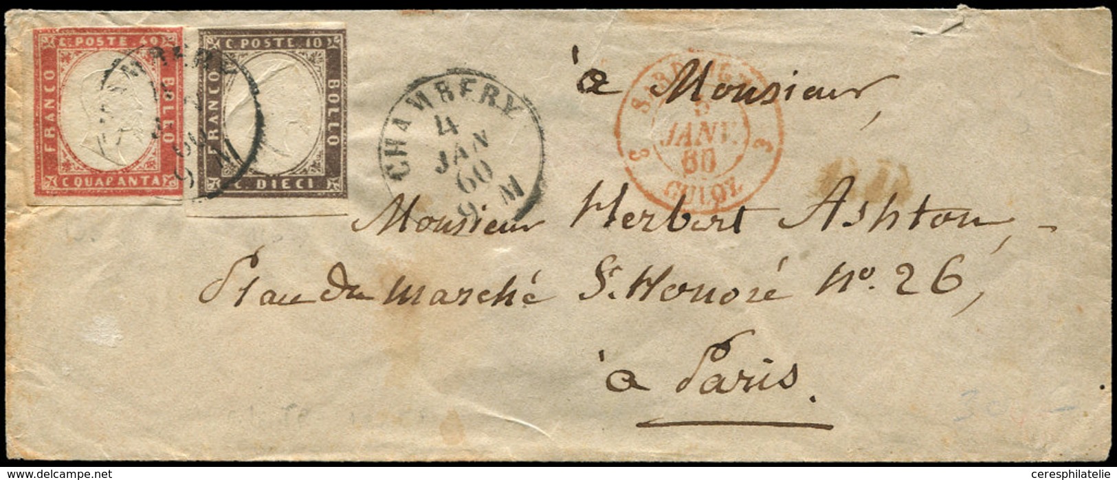 Let DUCHE DE SAVOIE - Oblitérations Sur Timbres Sardes N°11 Filet Touché Et N°13 Obl. Càd Sarde CHAMBERY 4/1/60 S. Env.  - 1849-1876: Classic Period