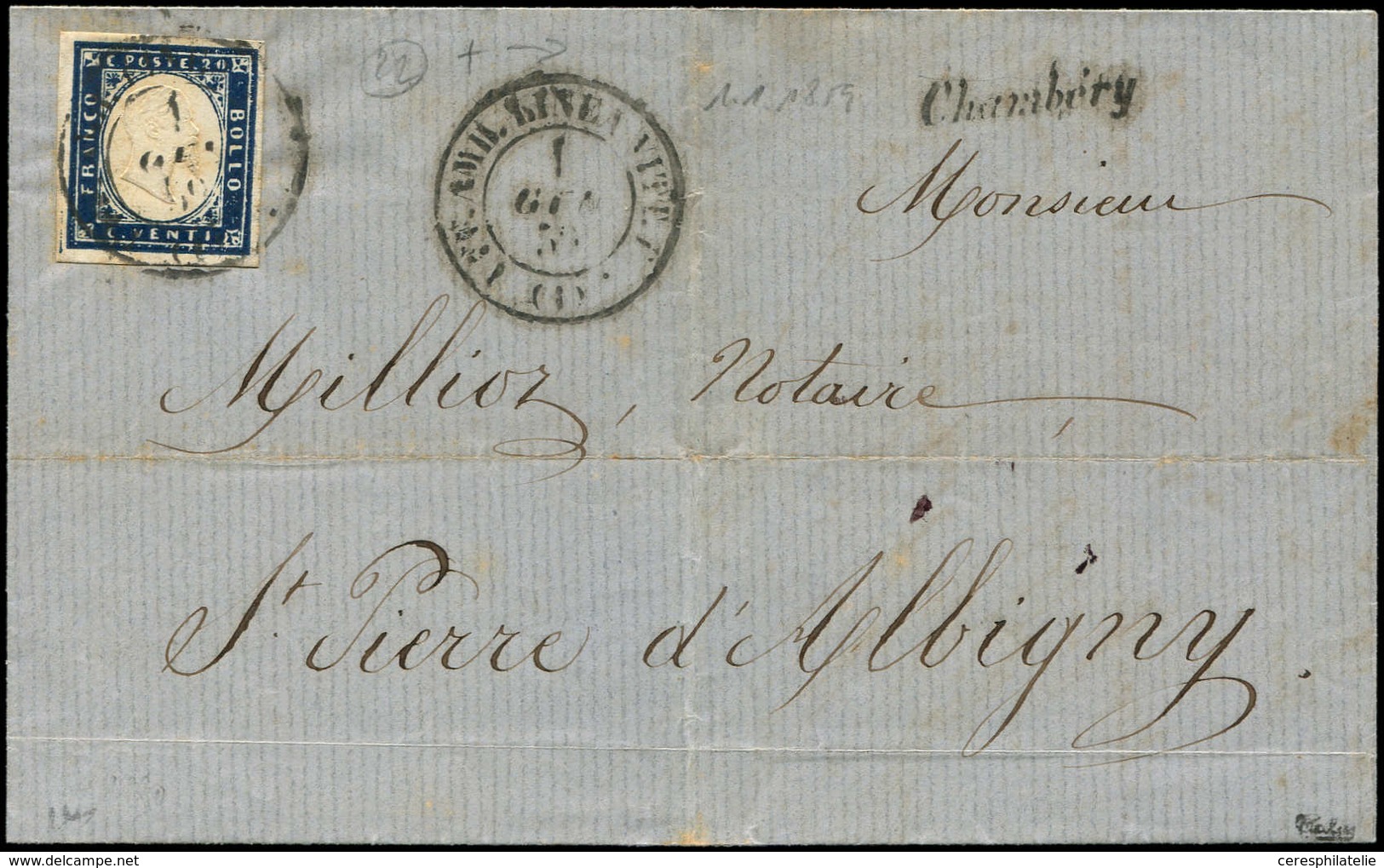 Let DUCHE DE SAVOIE - Oblitérations Sur Timbres Sardes N°12 Obl. Càd Sarde UFF.AMB-LINEA-VITT-EM/(1) 1/1/59 S. LAC, Curs - 1849-1876: Periodo Classico