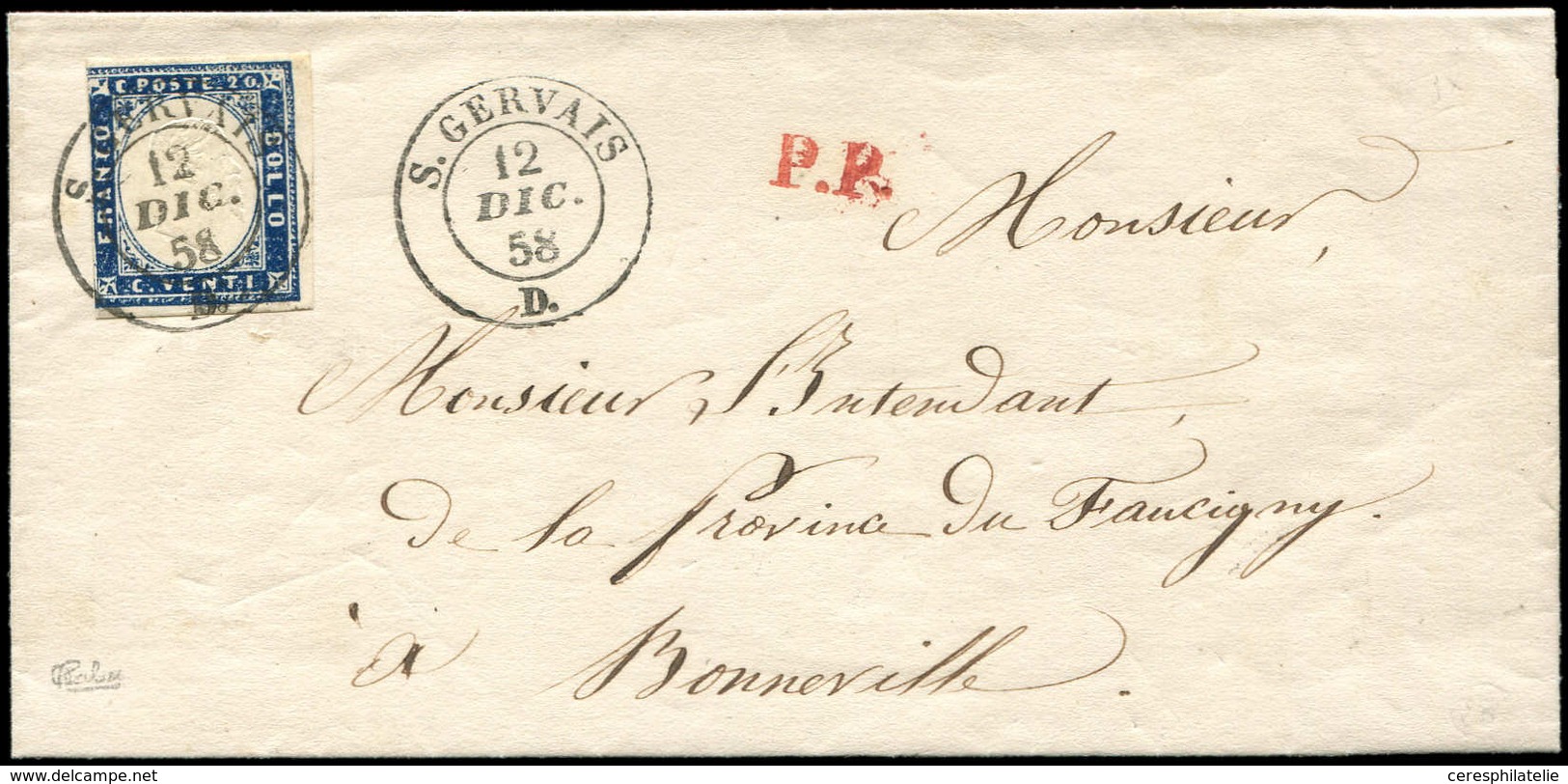 Let DUCHE DE SAVOIE - Oblitérations Sur Timbres Sardes N°12 Touché Obl. Càd Sarde S. GERVAIS 12/12/58 S. LSC, Frappe Sup - 1849-1876: Classic Period