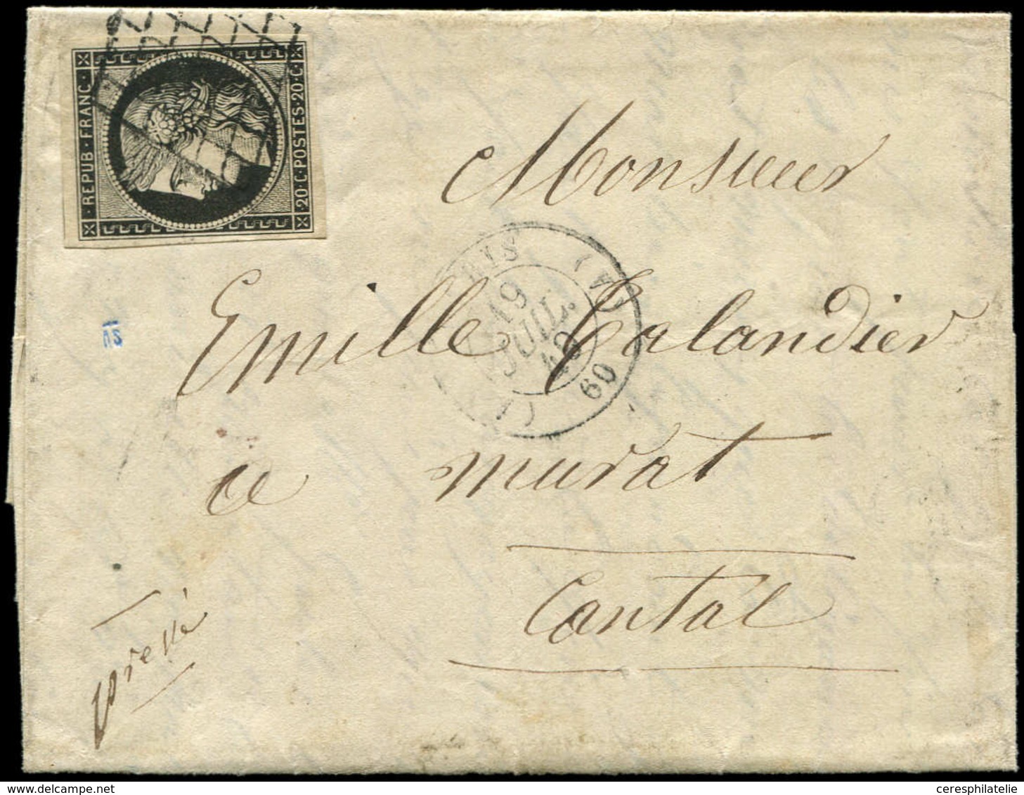 Let LETTRES DE PARIS - N°3a Obl. GRILLE S. LAC, Càd (A) PARIS (A) 19/7/49, TB/TTB - 1849-1876: Période Classique